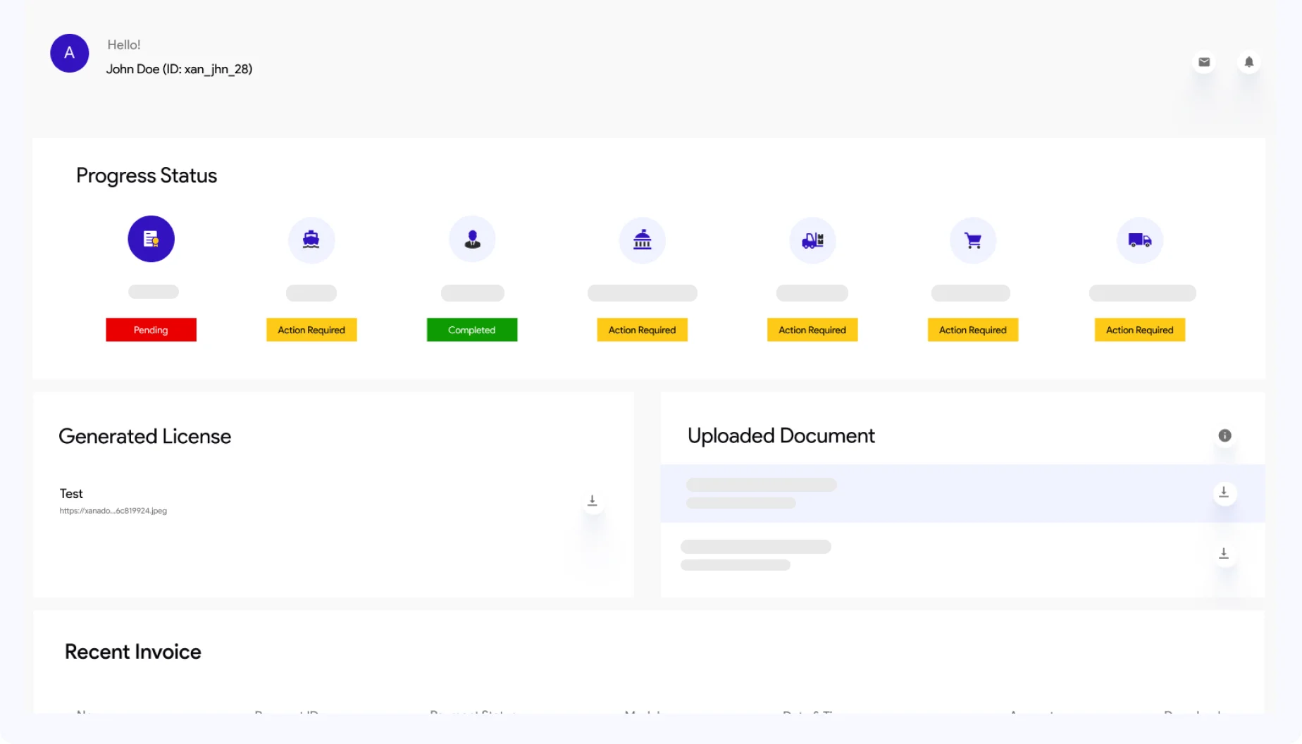 The application progress view — setup stages, pending tasks and document status tracked in real time.
